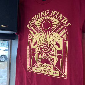 "Electric Eye 2025" Yellow logo on Garnet red w/back print t-shirt